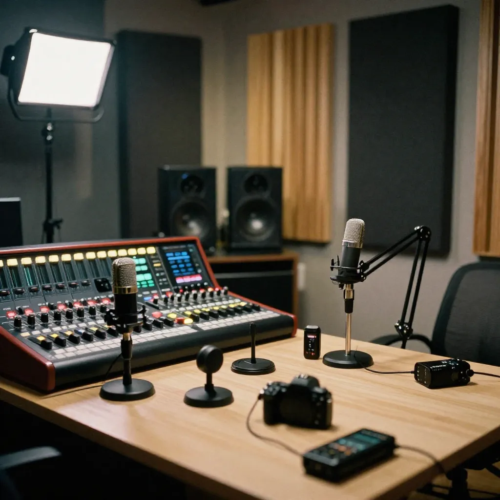 Professional podcast recording studio with modern equipment