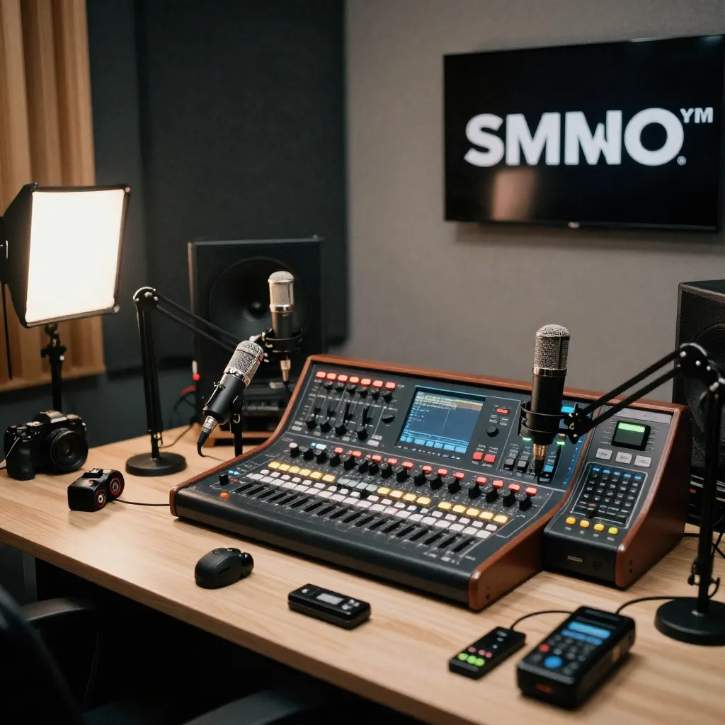 Modern podcast recording setup with microphones and audio interface